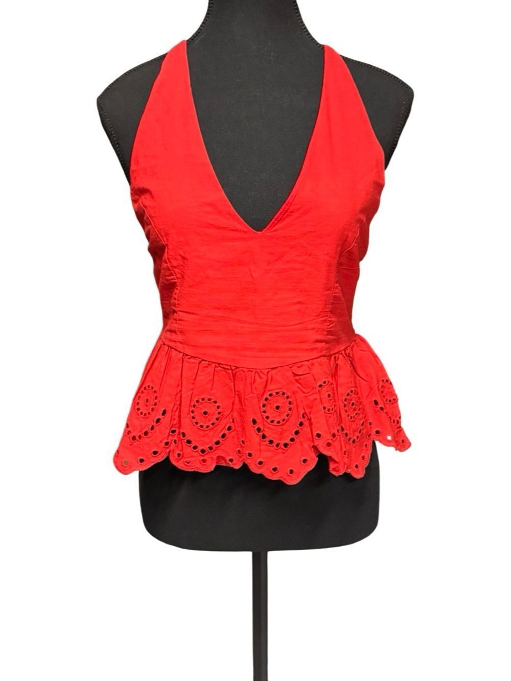 NWT Top – Size Medium Sim & Sam Red Eyelet Peplum Halter Top
